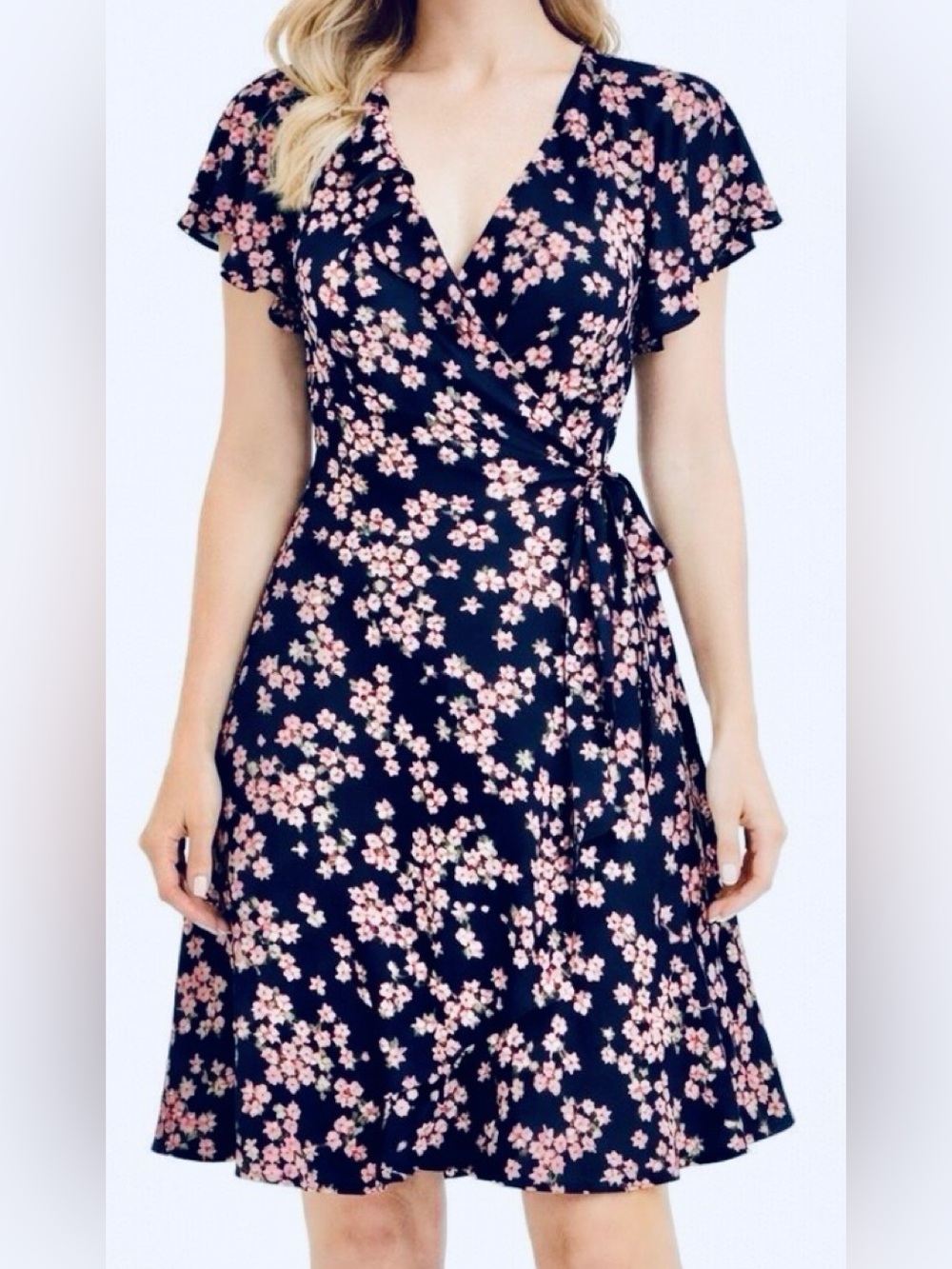 EUC Draper James Navy wrap rayon Midi Dress with Pink Floral Print Ruffle V-Neck